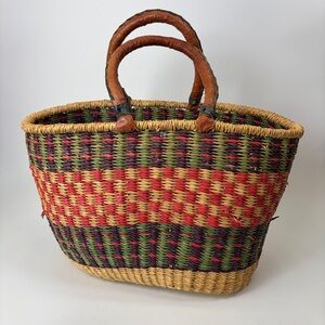 Handmade Bolga Bag Straw & Leather Market Basket Double Handle Natural Large